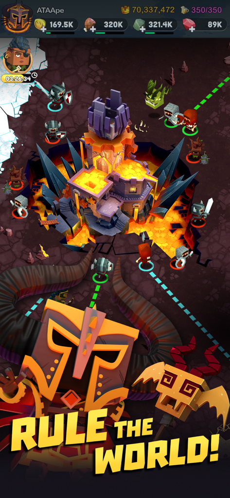 Kingdoms of HF - Dragon War - Kingdoms of Heckfire gameplay showing a base on a lava island with characters and Rule the World text