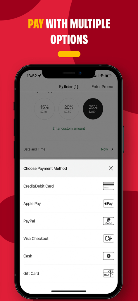 Papa Johns App-Bildschirm mit mehreren Zahlungsoptionen wie Apple Pay, PayPal und Kreditkarte.