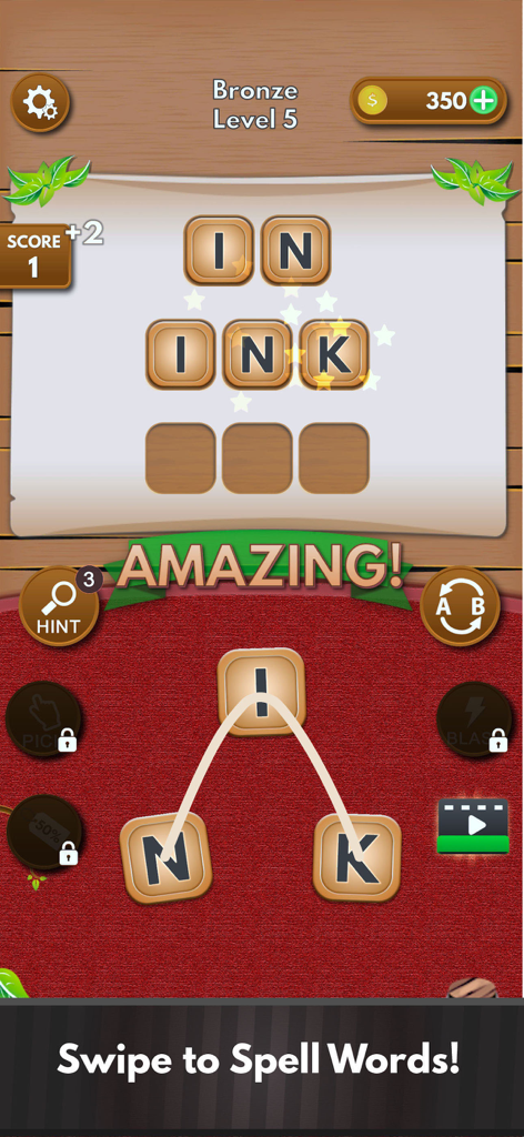 Screenshot of Word Winner game showing a user swiping letters to form the word INK in a word brain puzzle