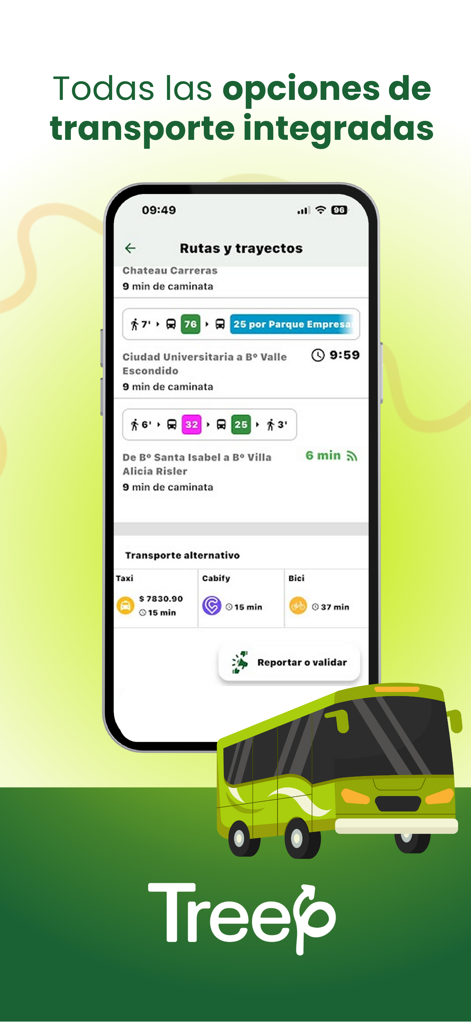 Treep - Treep mobile app interface showing integrated urban transport routes for buses taxis and bikes