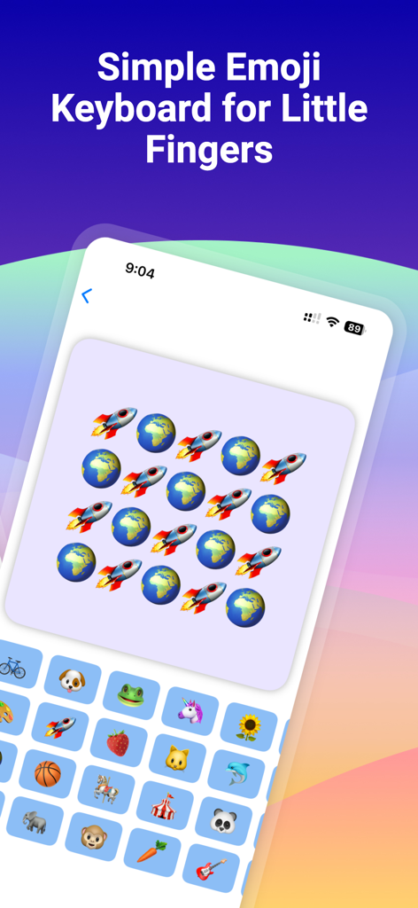 Emoji Games For Kids - Interfaz de Juegos de Emojis para Niños con un teclado de emojis simple para niños pequeños con iconos de cohete y globo terráqueo.