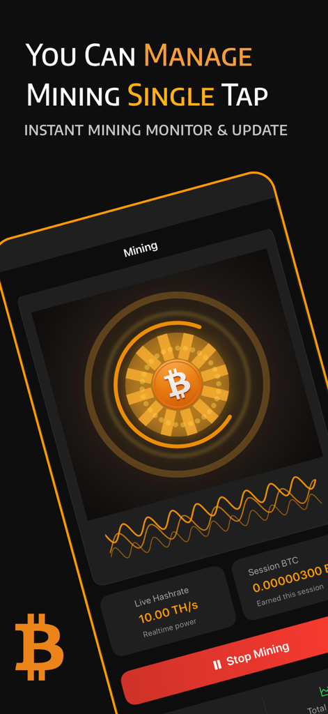 BTC Miner · Bitcoin Mining - Virtual Bitcoin mining dashboard showing a live hash rate monitor and session earnings