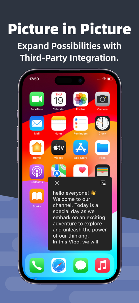 Teleprompter⁺ - Roteiro do aplicativo Teleprompter exibido em uma janela flutuante picture-in-picture na tela inicial de um iPhone