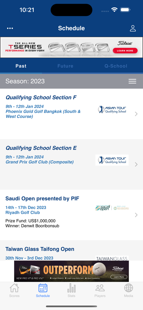 Asian Tour - 날짜와 장소를 포함한 과거 골프 토너먼트 목록을 보여주는 아시안 투어 모바일 앱 일정 화면