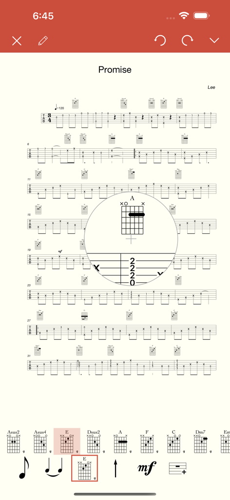 Guitar Notation Pro - Guitar Notation Pro app interface showing a musical score with tabs and chord diagrams