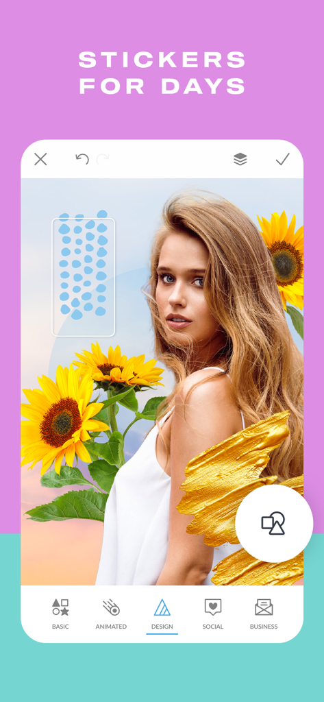 Interface de l'application PicMonkey montrant la retouche photo avec des tournesols et des autocollants graphiques