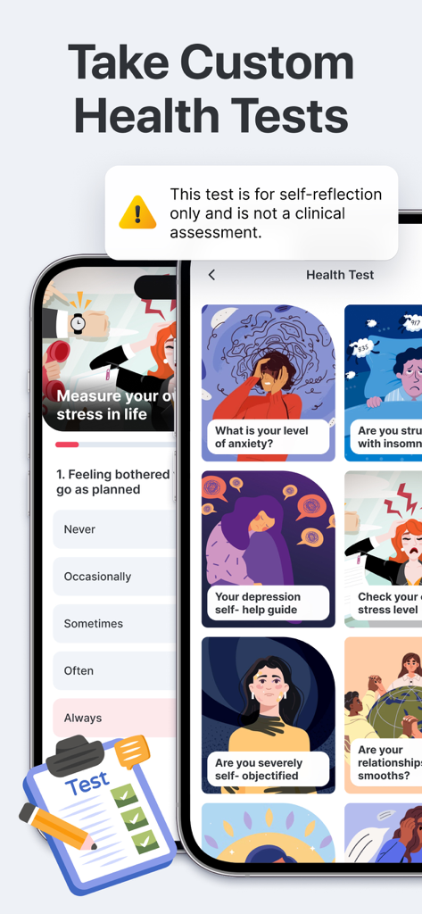 Heart Rate Monitor - Pulse HRV - Interface of the Heart Rate Monitor app showing custom health tests for stress and mental health