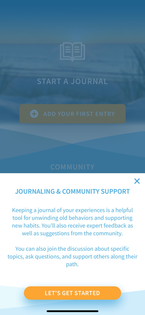 Journaling and community support screen in the Craving To Quit smoking cessation app.