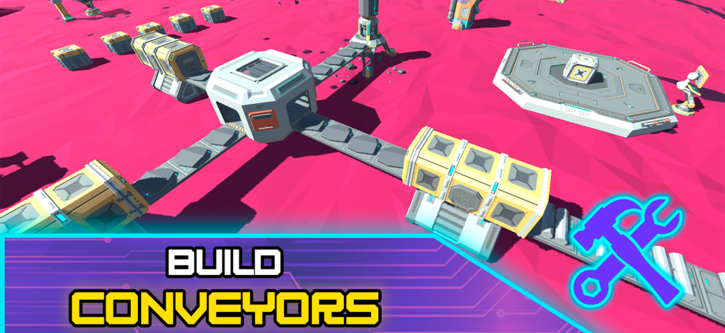 Factory - automation games inc - A 3D industrial simulation game showing the construction of conveyor belts connecting various factory modules on a pink surface.