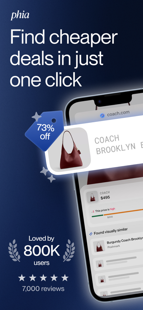Phia: Shop Smarter, Save Money - Phiaアプリのスクリーンショット。コーチバッグの価格分析ツールがSafariに表示され、より安価な中古品取引を見つける様子