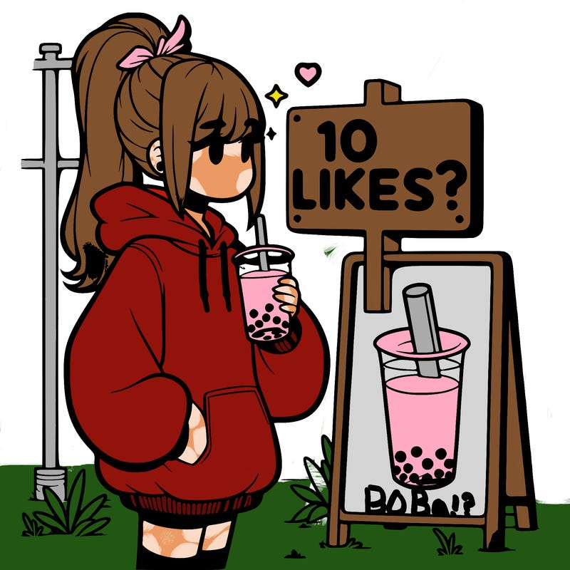 girl with oversized hoodie drinking boba and she has a high ponytail with a sign that says 10likes?