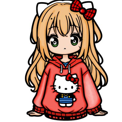 cute anime girl wearing a kuromi from hello kitty sweatshirt