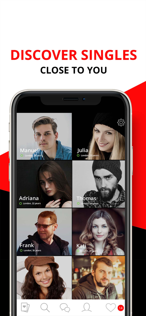 twoLove - Dating App - Smartphone screen showing the twoLove dating app discovery page with a grid of profile photos of singles.