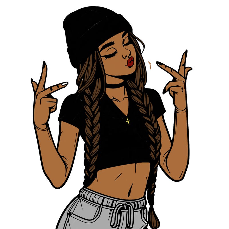 realistic teenage girl with braids and a beanie and crop top doing 🫶🏼