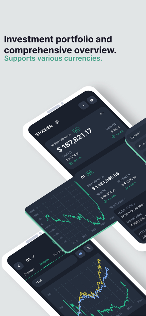 Stocker Professional - Capturas de pantalla de la aplicación móvil que muestran el valor del portafolio de inversiones, soporte multidivisa y gráficos de rendimiento para Stocker Professional.