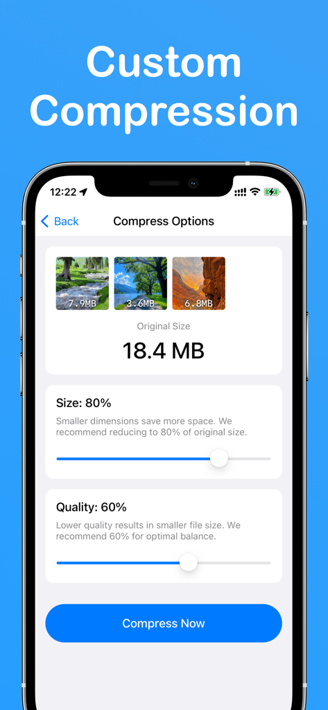 The Video Compressor - Une capture d'écran de l'application Le compresseur vidéo montrant des curseurs de compression personnalisés pour la taille et la qualité avec traitement par lots