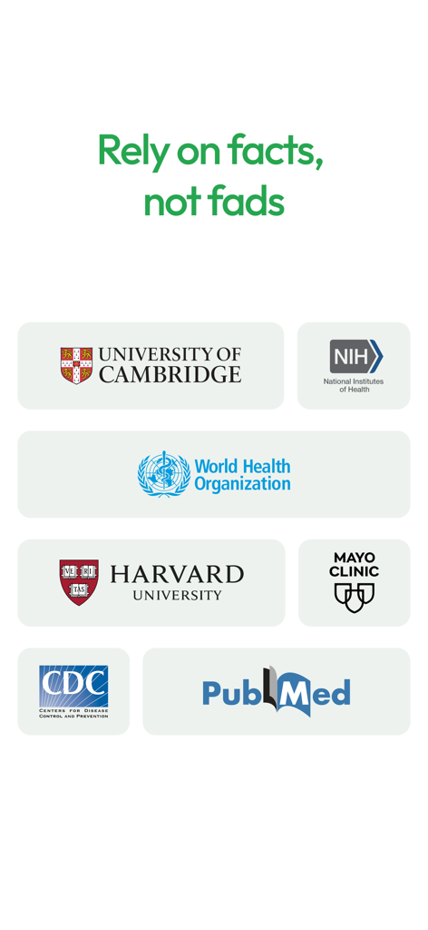 Prove It - Supplement Scanner - Logos medizinischer und akademischer Institutionen wie Harvard, NIH und WHO mit dem Text: Verlassen Sie sich auf Fakten, nicht auf Trends