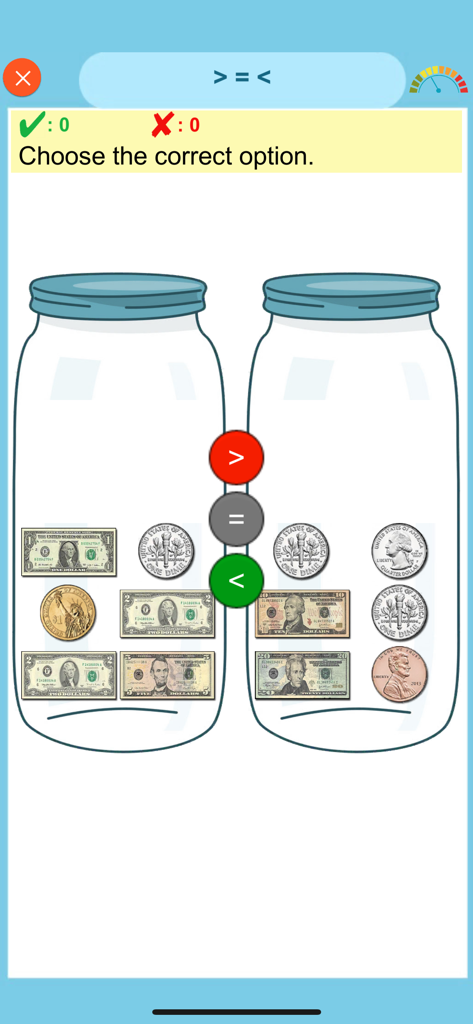Learn Money Counting - Pädagogische Benutzeroberfläche, die zwei Gläser mit US-Dollar und Münzen für eine Größer-als-oder-Kleiner-als-Mathematikaufgabe zeigt.