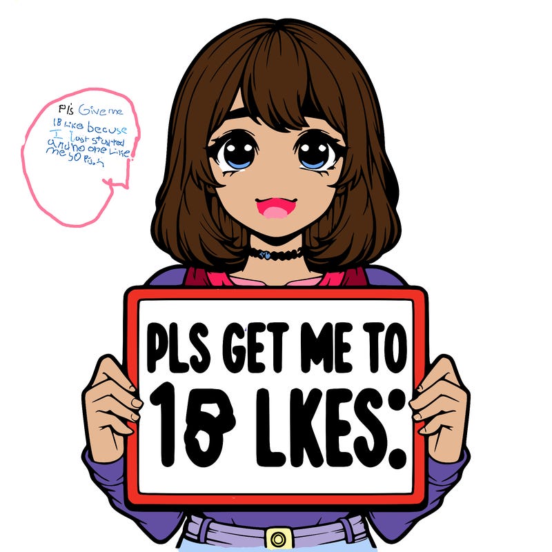 realistic girl holding up a sign that says “pls get me to 15 likes!”