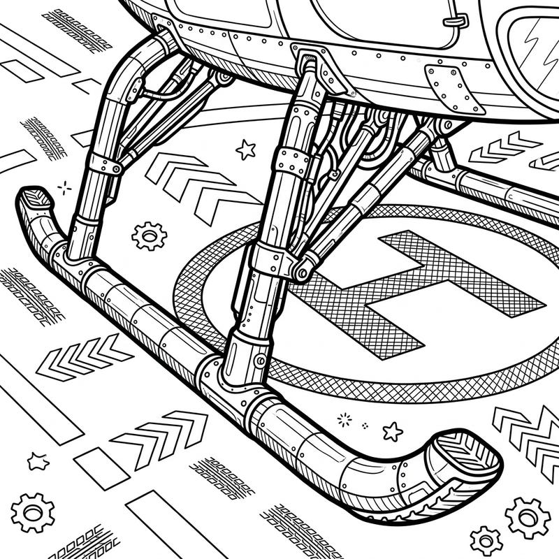 Dive into the fascinating world of aviation mechanics with this intricate coloring page featuring helicopter landing skids. Discover the detailed tubular runners and complex joints, ready for your creative touch.
