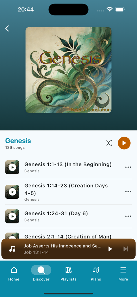 Music Bible: Scripture Songs - The Music Bible app interface displaying a list of scripture songs for the book of Genesis, including specific Bible verse ranges.