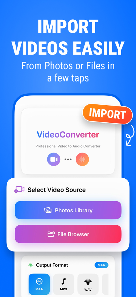MP4 to MP3 - Audio Converter - Mobile app interface showing options to import videos from the photos library or file browser for audio conversion.