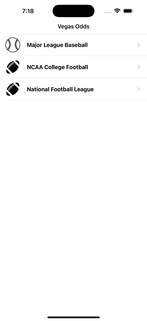 Vegas Odds mobile app screen showing sports league selection for MLB, NCAA, and NFL.
