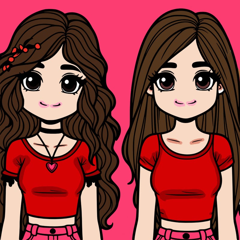 two girls best friends one with long hair and one with short hair