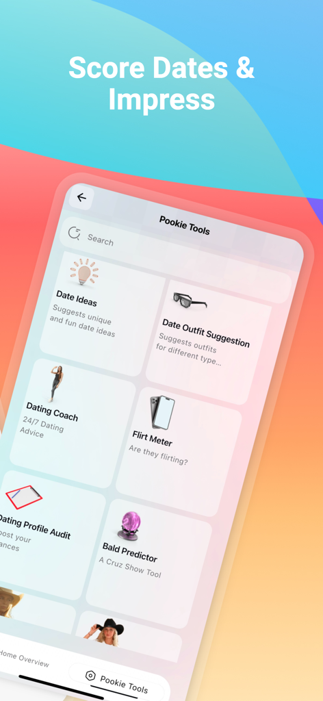 Menú principal de la aplicación Pookie Tools que muestra funciones de citas como ideas para citas, sugerencias de atuendos y consejos de entrenador de citas.