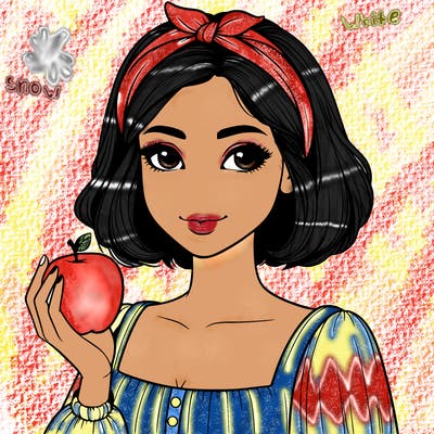 a woman with medium short hair, wearing a headband with a small bow, carrying an apple in her hand, realistic