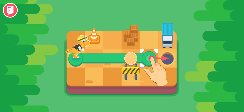 Un dinosaure avec un casque participe à un puzzle logique de connexion de pistes pour enfants