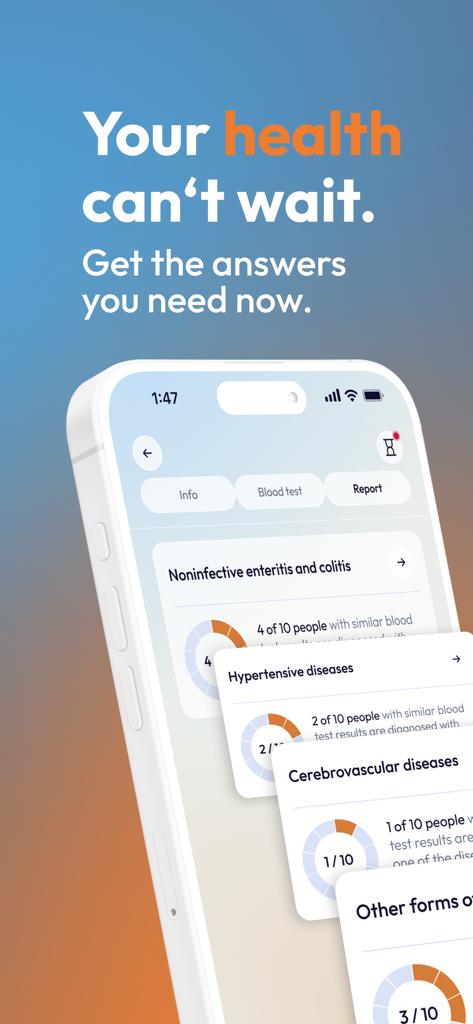 Interface of the mySmartBlood app displaying a health report with disease group assessments based on blood test results.
