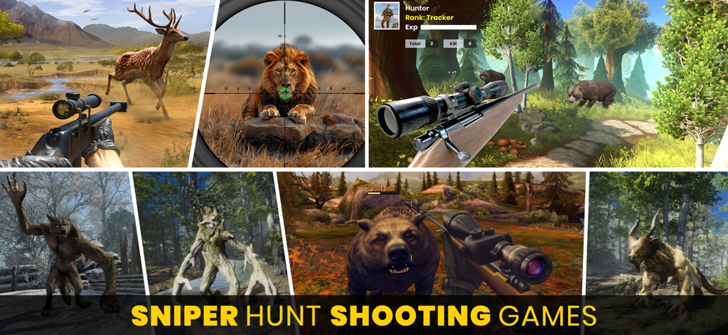 Hunting Sniper - Animal Hunter - Collage of sniper hunting gameplay featuring various animals and mythical monsters
