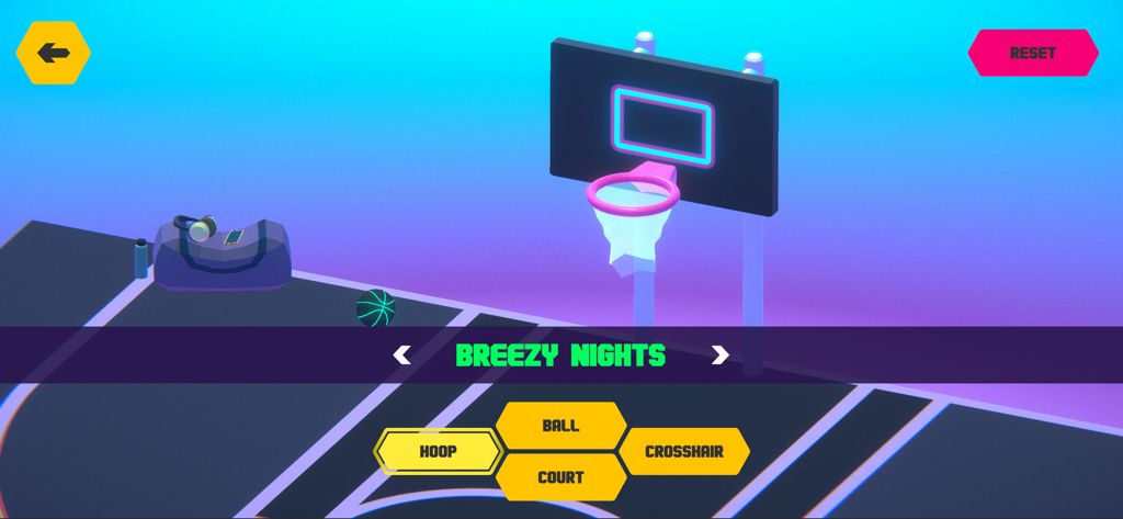 First Person Hooper - Customization screen in First Person Hooper showing the Breezy Nights hoop and court settings
