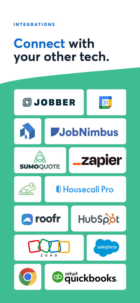 A list of third party software logos that integrate with CompanyCam including Jobber, Salesforce, HubSpot, and QuickBooks.