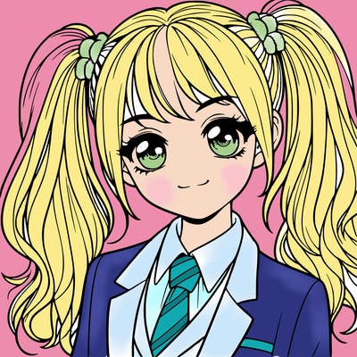 realistic girl with two ponytails and a suit on