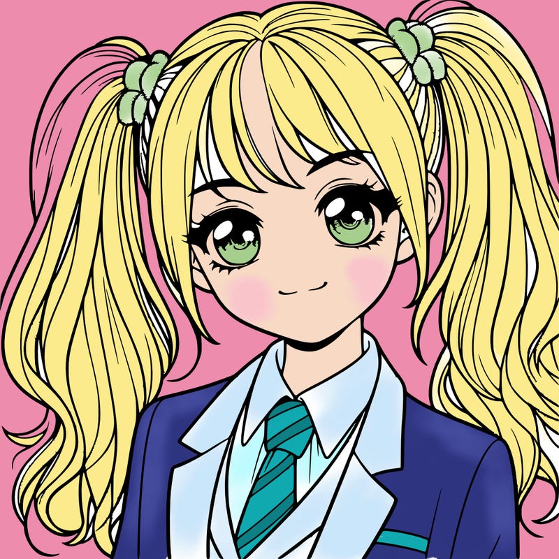 realistic girl with two ponytails and a suit on