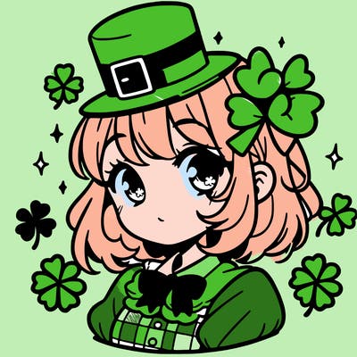 a manga-style girl with clovers around her, a little hat in her hair, like it's saint patrick's day