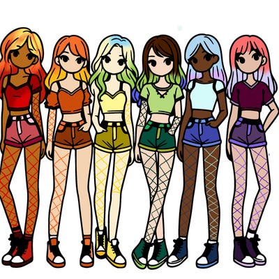 a group of girls wearing crop tops and shorts