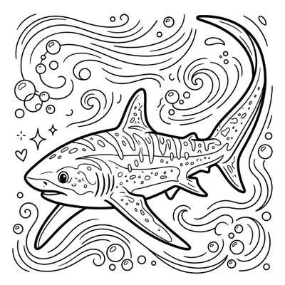 Encounter the magnificent Thresher Shark in this captivating coloring template, showcasing its iconic long tail amidst playful ocean elements. It's a perfect blend of marine wonder and artistic fun for all ages.