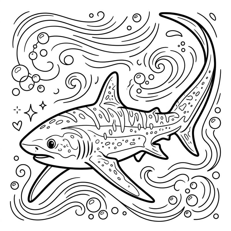 Encounter the magnificent Thresher Shark in this captivating coloring template, showcasing its iconic long tail amidst playful ocean elements. It's a perfect blend of marine wonder and artistic fun for all ages.