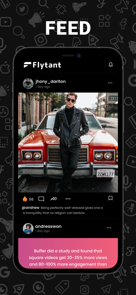 Flytant Mobile App-Oberfläche, die einen Social-Media-Feed mit Influencer-Posts und Marketing-Einblicken anzeigt
