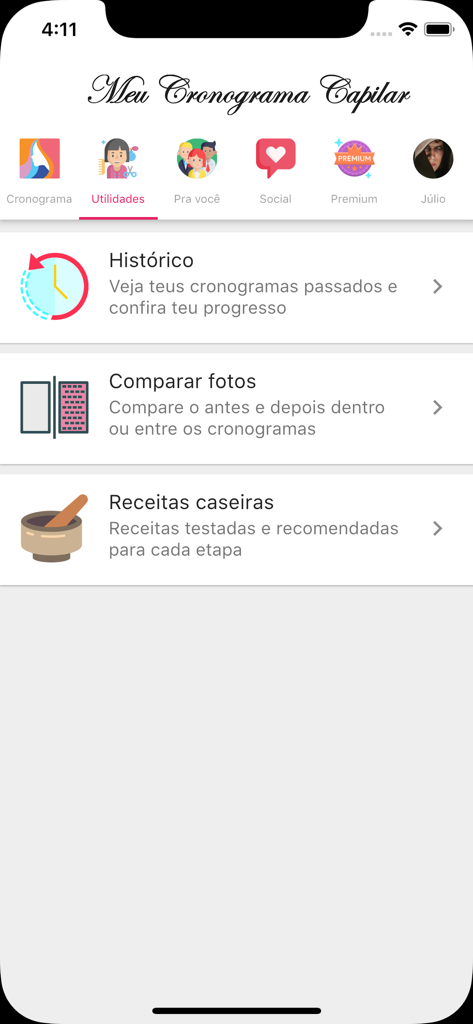 Dienstprogramm-Menü der Haarzeitplan-App, das eine Verlaufsfoto-Vergleichs- und selbstgemachte Haarrezepte anzeigt.