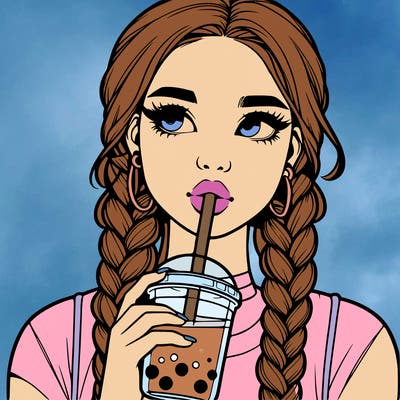 realistic girl with braided hair drinking boba