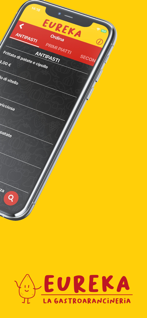 Eureka Chieri - Application mobile Eureka Chieri montrant le menu des antipasti sur fond jaune