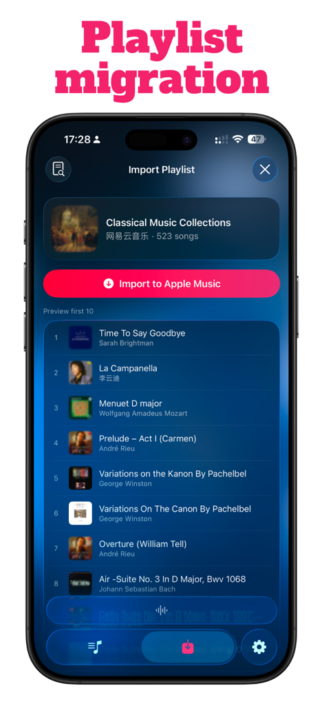 MusicPal: Your Music Assistant - Screenshot of the MusicPal app showing the playlist migration interface from Netease to Apple Music