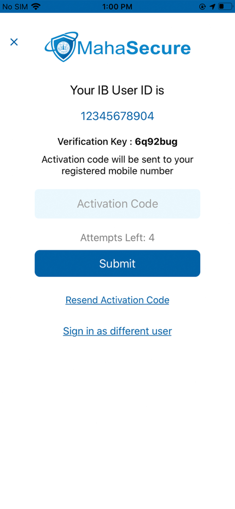MahaSecure - MahaSecure mobile banking app activation screen displaying User ID and verification key details