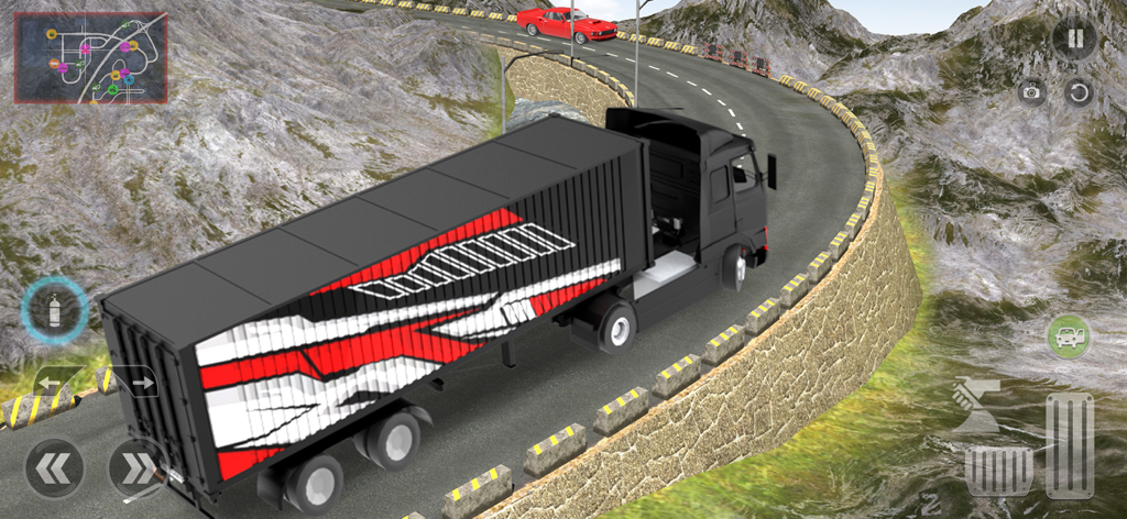 Truck Driving Games Simulator - A black semi truck driving on a winding mountain road in a truck simulator game