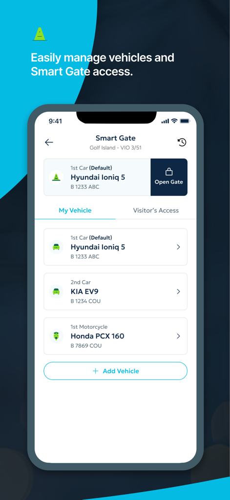 Sedayu One City - Sedayu One Cityアプリのインターフェース。車両管理とスマートゲートアクセス制御を表示しています。