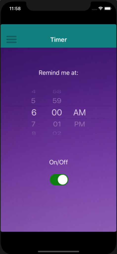 Christian Song - Daily reminder timer screen in the Christian Song app set for 6 AM